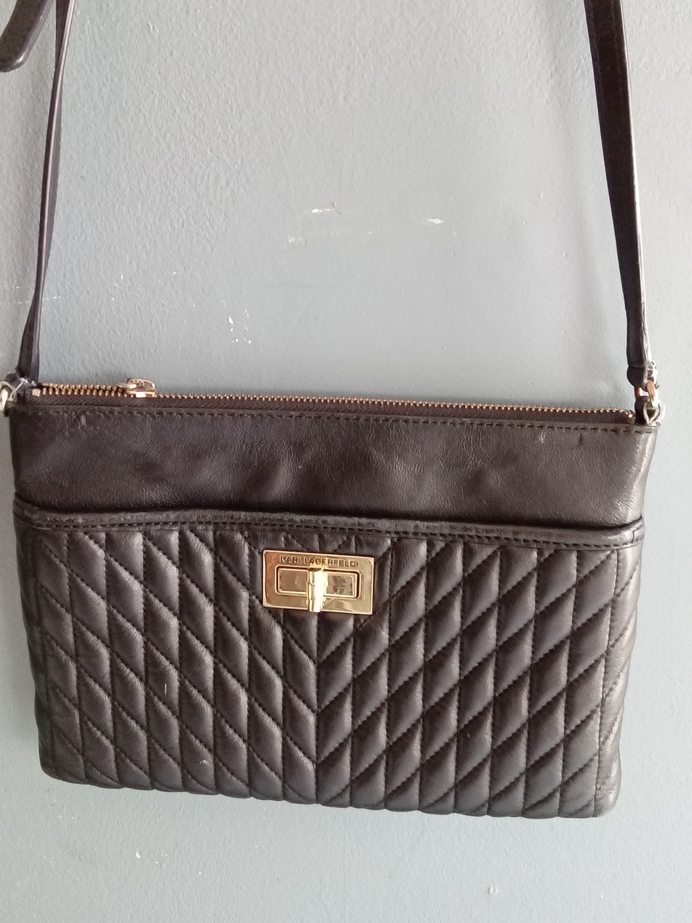 Karl‎ Lagerfeld Paris Black Quilted Leather Crossbody Bag Gold Hardware